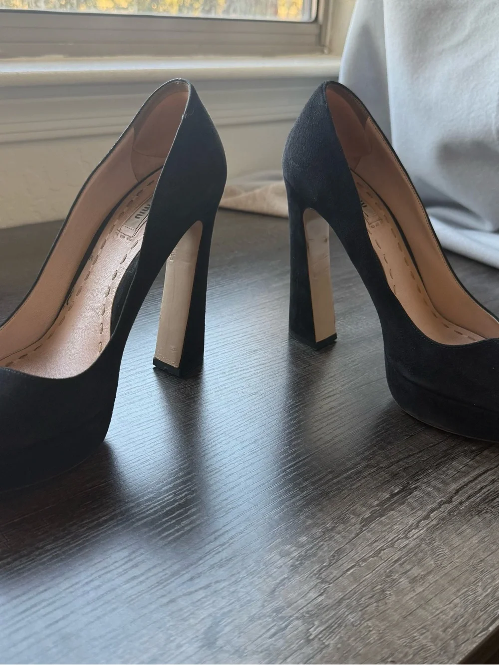 miu miu 38.5 Black Suede Platform High Heel Pumps